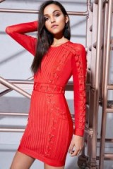 boohoo Premium Aria Lace Up Bandage Bodycon Dress – red going out dresses