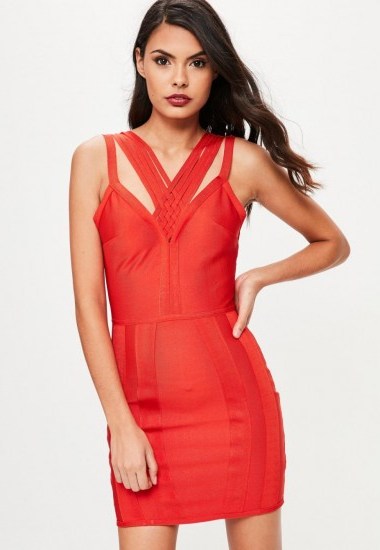 missguided premium red bandage multistrap plunge bodycon dress – strappy party dresses - flipped