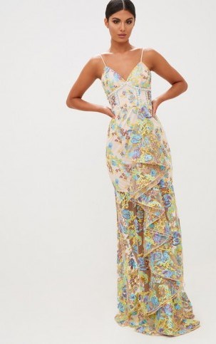 pretty little thing PREMIUM YELLOW FLORAL EMBROIDERED MAXI DRESS - flipped