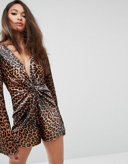 PrettyLittleThing Leopard Print Velvet Playsuit | plunge front animal printed playsuits - flipped
