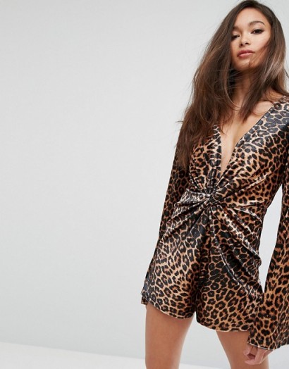 PrettyLittleThing Leopard Print Velvet Playsuit | plunge front animal printed playsuits