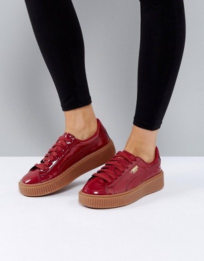 Puma Patent Basket Platform Trainers With Gum Sole In Burgundy | red sneakers - flipped
