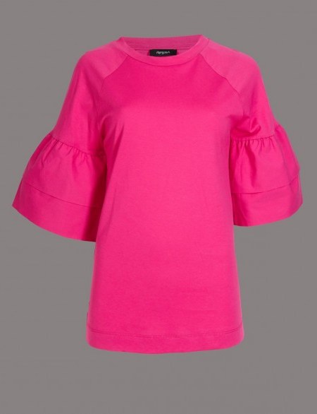 AUTOGRAPH Pure Cotton Flute Sleeve Round Neck T-Shirt ~ hot pink tops ~ m&s - flipped