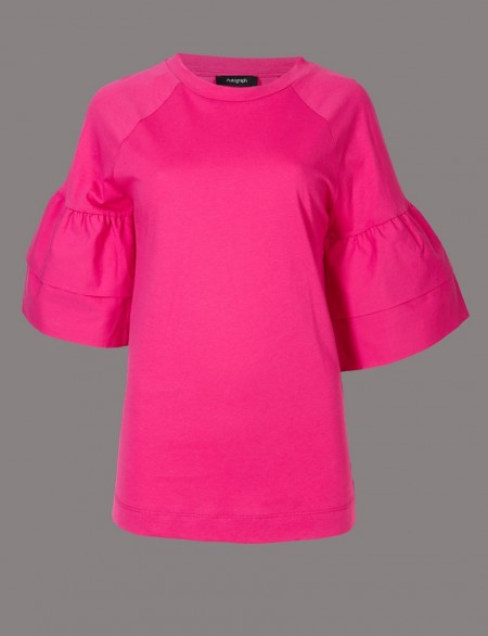 AUTOGRAPH Pure Cotton Flute Sleeve Round Neck T-Shirt ~ hot pink tops ~ m&s