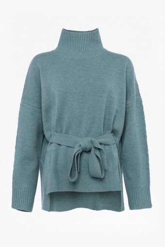 French Connection Reba Knits Long Sleeved High Neck Jumper / blue tie waist jumpers