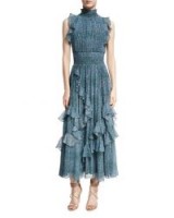 Rebecca Taylor Minnie Sleeveless Ruffled Floral-Print Maxi Dress ~ blue high neck ruffle dresses ~ romantic fashion