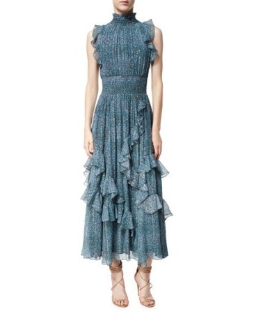 Rebecca Taylor Minnie Sleeveless Ruffled Floral-Print Maxi Dress ~ blue high neck ruffle dresses ~ romantic fashion - flipped