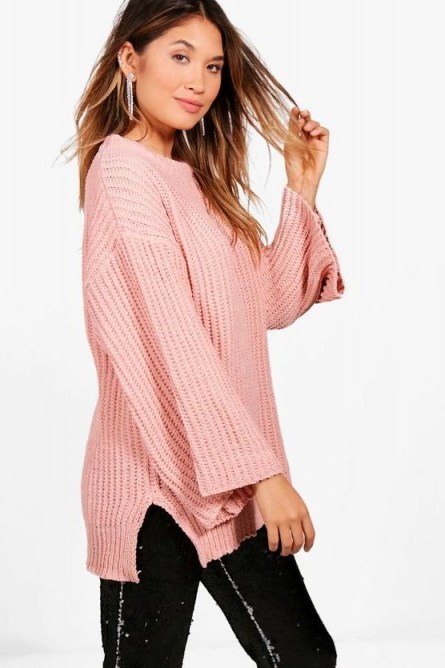 boohoo Rebecca Wide Sleeve Chenille Jumper – pink side slit jumpers – autumn/winter knitwear - flipped
