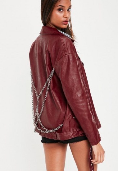 Missguided red chain detail biker jacket - flipped