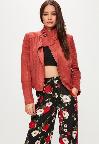 missguided red faux suede biker jacket – rust tone autumn jackets - flipped