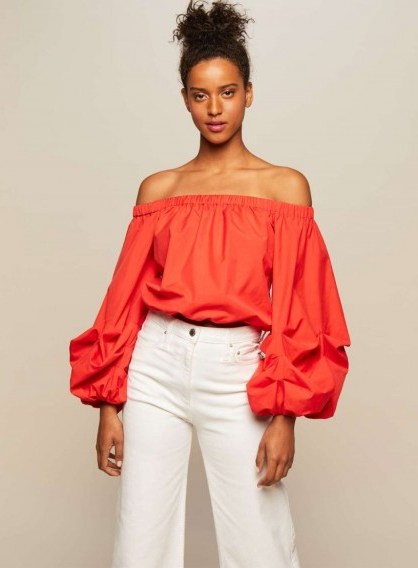 Miss Selfridge Red Ruched Sleeve Bardot Top - flipped