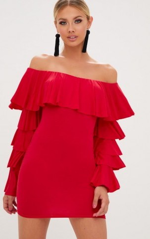 Pretty Little Thing RED RUFFLE SLEEVE BARDOT BODYCON DRESS – off the shoulder dresses - flipped