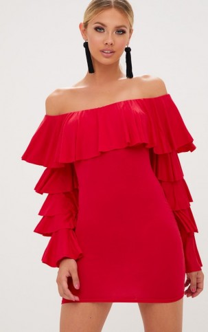 Pretty Little Thing RED RUFFLE SLEEVE BARDOT BODYCON DRESS – off the shoulder dresses