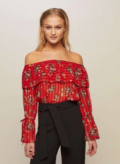 Miss Selfridge Red Tie Sleeve Bardot Top ~ floral off the shoulder tops p - flipped