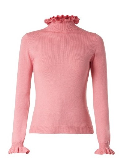 SHRIMPS Robin high-neck wool sweater ~ pink ruffle trim sweaters ~ knitwear - flipped