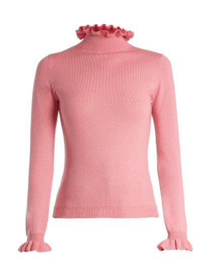 SHRIMPS Robin high-neck wool sweater ~ pink ruffle trim sweaters ~ knitwear