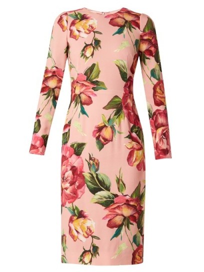 DOLCE & GABBANA Round-neck rose-print crepe-cady dress ~ pink floral dresses ~ beautiful Italian clothing - flipped