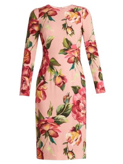 DOLCE & GABBANA Round-neck rose-print crepe-cady dress ~ pink floral dresses ~ beautiful Italian clothing