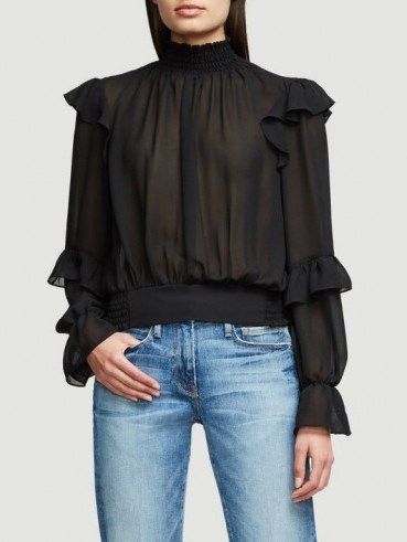 FRAME ruffle blouse noir | black ruffled high neck blouses - flipped
