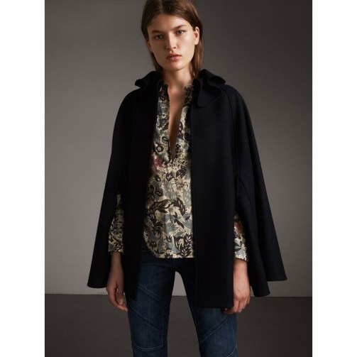 BURBERRY Ruffle Collar Wool Cape – chic navy capes - flipped