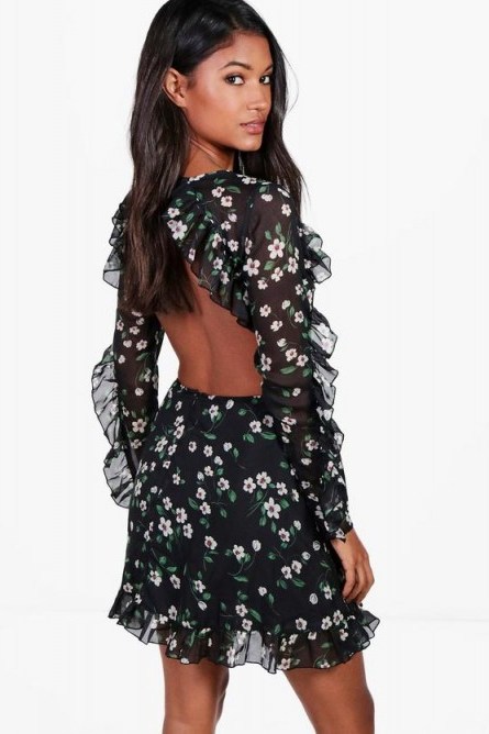 boohoo Sally Chiffon Floral Open Back Skater Dress ~ ruffled going out dresses p - flipped