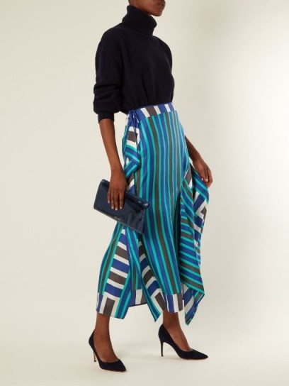 DIANE VON FURSTENBERG Saxon striped asymmetric silk skirt | blue draped skirts - flipped