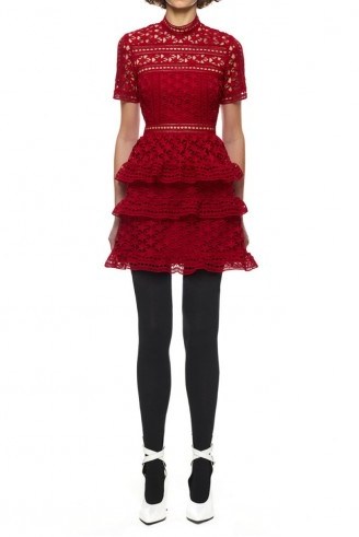 $279.00 Self Portrait High Neck Star Lace Panelled Dress Red - flipped