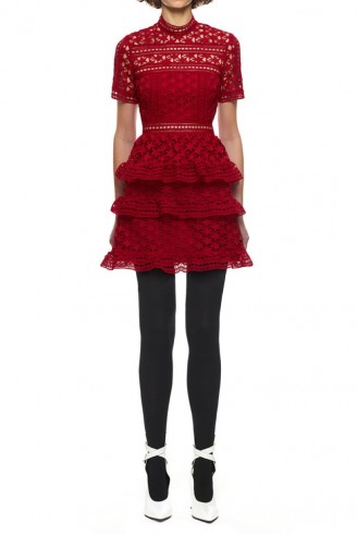 $279.00 Self Portrait High Neck Star Lace Panelled Dress Red