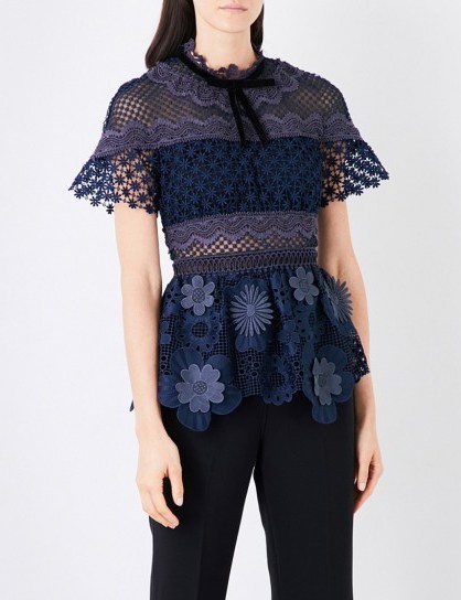 SELF-PORTRAIT 3D floral guipure lace top ~ navy occasion tops - flipped