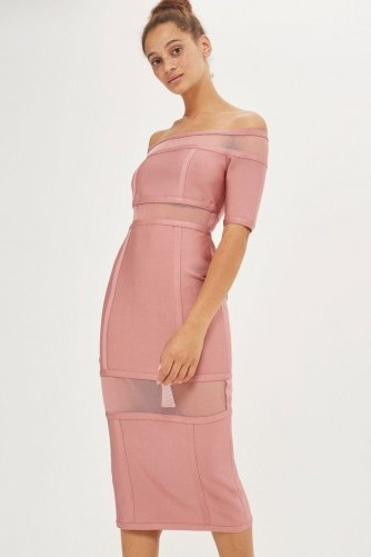 Topshop Sheer Panel Bodycon Midi – pink semi sheer dresses – bardot dress - flipped