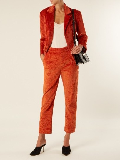 ISA ARFEN Slim-leg crushed-velvet cotton-blend trousers – burnt-orange cropped pants - flipped