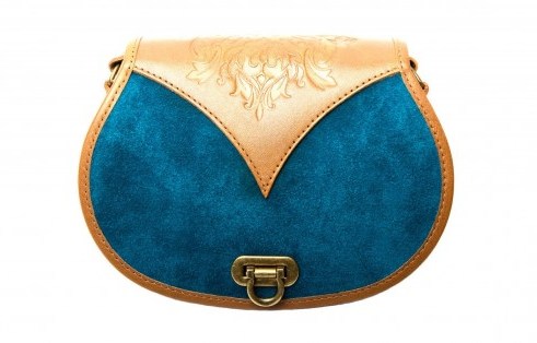 Beara Beara ROSIE TEAL Small Suede and Leather Handbag – blue and tan crossbody bags - flipped