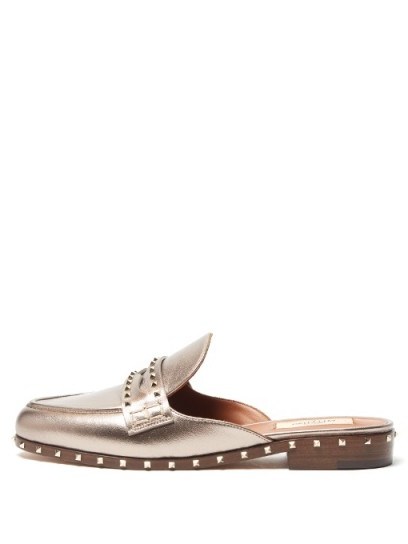 VALENTINO Soul Rockstud leather backless loafers ~ metallic flats - flipped