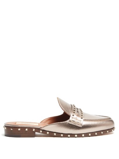 VALENTINO Soul Rockstud leather backless loafers ~ metallic flats