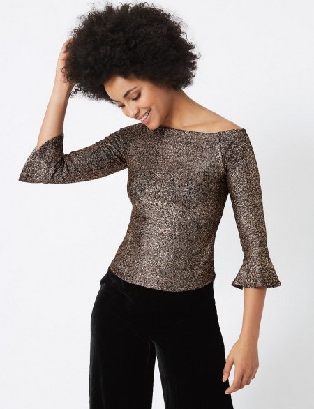 M&S COLLECTION Sparkly Flared Sleeve Bardot Top / metallic copper tops / Marks and Spencer evening fashion - flipped