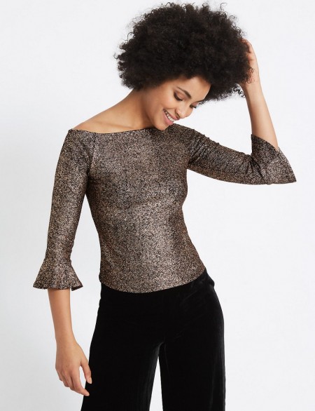 M&S COLLECTION Sparkly Flared Sleeve Bardot Top / metallic copper tops / Marks and Spencer evening fashion