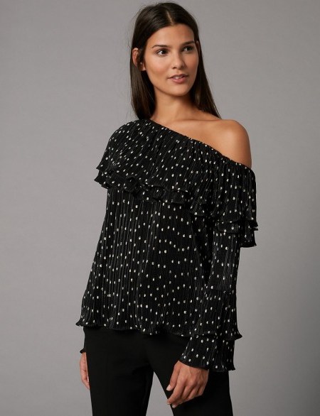 AUTOGRAPH Spotted One Shoulder Long Sleeve Blouse / spot print blouses / Marks and Spencer ruffle tops - flipped