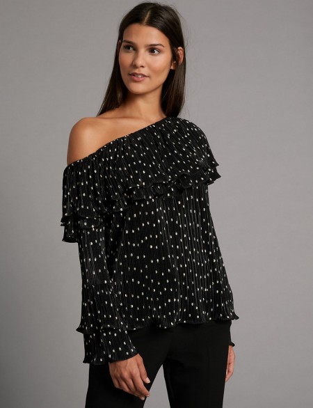 AUTOGRAPH Spotted One Shoulder Long Sleeve Blouse / spot print blouses / Marks and Spencer ruffle tops