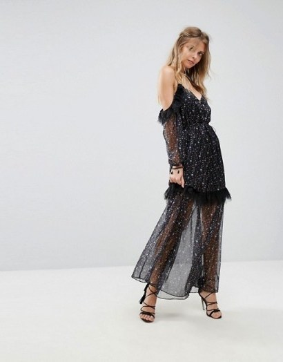 Stevie May Cold Shoulder Printed Maxi Dress | sheer low cut dresses - flipped