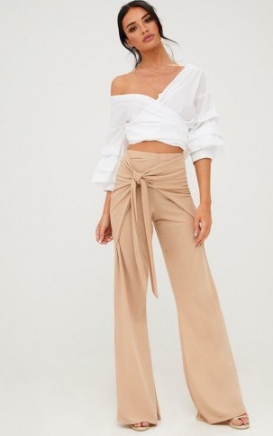 PRETTY LITTLE THING STONE BOW WRAP WIDE LEG CASUAL TROUSERS - flipped