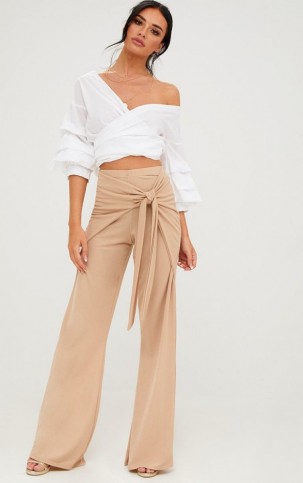 PRETTY LITTLE THING STONE BOW WRAP WIDE LEG CASUAL TROUSERS