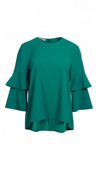 TIBI STRUCTURED CREPE BELL SLEEVE TOP – green frill sleeved tops - flipped