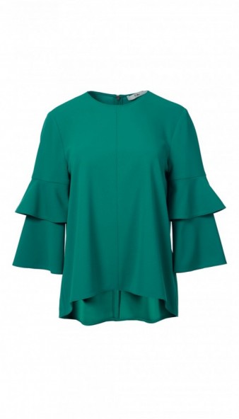 TIBI STRUCTURED CREPE BELL SLEEVE TOP – green frill sleeved tops