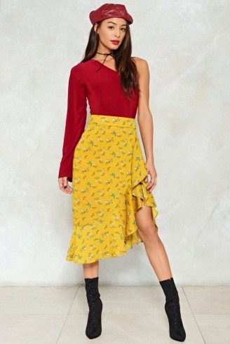 Nasty Gal Sunday Best Midi Skirt ~ mustard yellow asymmetric dresses - flipped