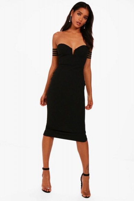 boohoo Suvi Off the Shoulder Detail Midi Dress – black bardot dresses – going out fashion - flipped