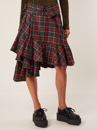 JUNYA WATANABE Tartan-checked ruffled-hem wool skirt ~ draped plaid skirts - flipped