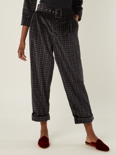ISA ARFEN Tartan-checked wide-leg cotton-velvet trousers ~ cropped leg plaid pants - flipped