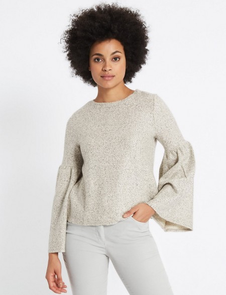 M&S COLLECTION Textured Round Neck Flute Sleeve Sweatshirt / bell sleeved sweatshirts / Marks and Spencer fashion