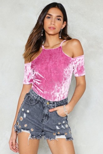 NASTY GAL Touch by Touch Velvet Bodysuit ~ pink cold shoulder bodysuits