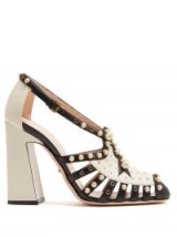 GUCCI Tracy faux-pearl embellished leather pumps ~ statement bock heeled shoes